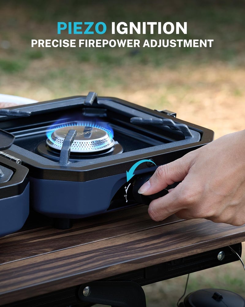 Gonex Camping Stove with 2 Burner Griddle & Grates, Portable Foldable Cooking Stove with Total 16,000 BTU, Two Piezo Ignition Adjustable Burners for Camping (Blue) - Image 5